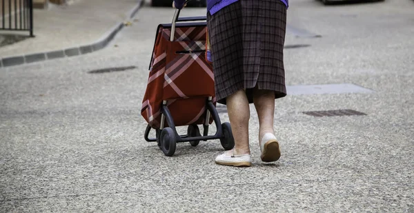 Äldre Kvinna Med Kundvagn Gatan Promenad Och Shopping — Stockfoto