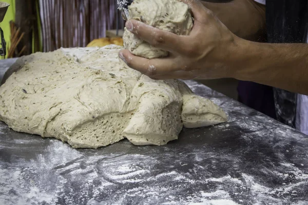 Making Bread Dough Food Industry Manual Manufacturing — Stock Photo, Image