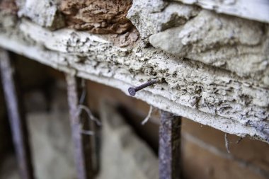 Kırık tahtadaki paslı çivi, inşaat ve mimari, doku