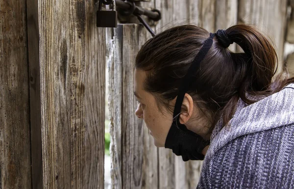 Woman Looking Peephole Door Curiosity Privacy — Photo