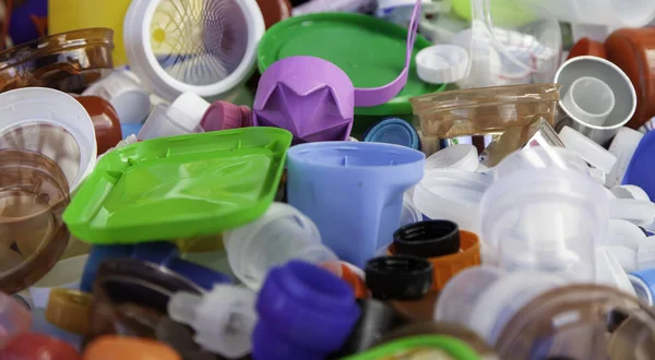 Plastic Caps Recycling Containers Climate Change Reuse — Foto de Stock