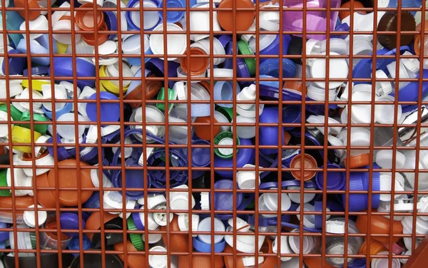 Plastic Caps Recycling Containers Climate Change Reuse — Foto de Stock