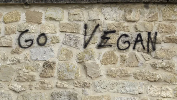 Go vegan lettering written on wall, veganism and social awareness
