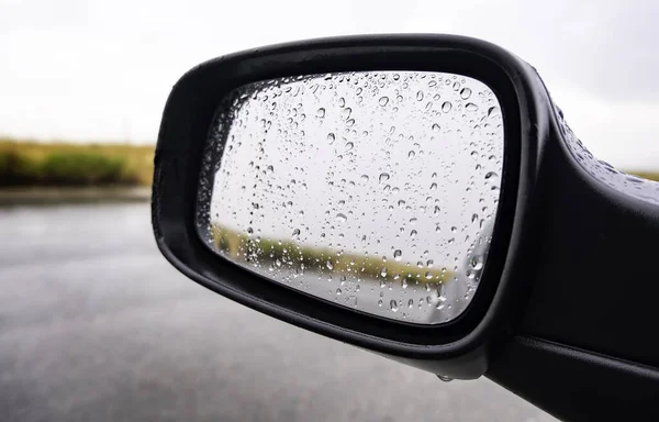 Detail Car Mirror Wet Drops Water Cold Rainy Day — Stock Photo, Image