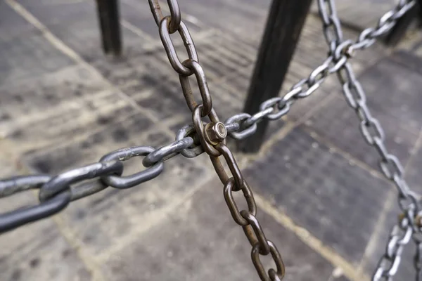 Detalhe Das Cadeias Proteção Segurança Aço Ferro — Fotografia de Stock