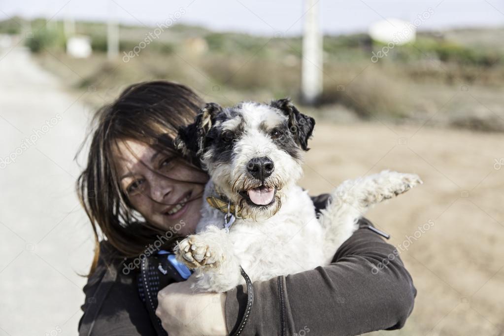 Women taking dog