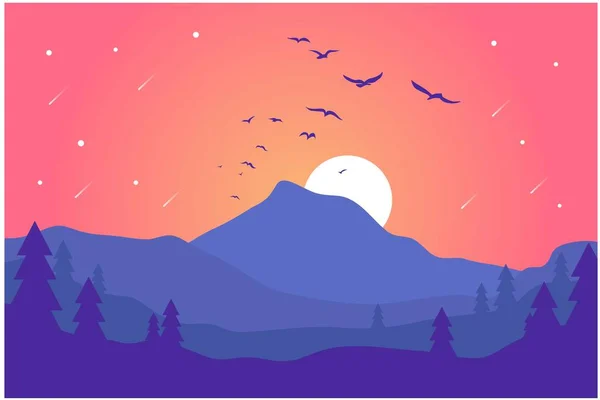 Hermoso Paisaje Vectorial Brillante Con Montaña Bosque Aves Voladoras Luna — Vector de stock