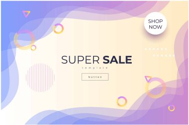 Mor dalgalı çizgileri, farklı sarı ve pembe eğimli geometrik şekilleri ve harf süper satışı olan hafif modern vektör şablonu 