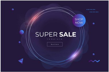 Parlak daireleri, diğer geometrik şekilleri ve harf süper satışı olan modern karanlık vektör şablonu 