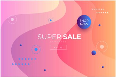Şeftali arkaplanı ve farklı mavi geometrik şekillere sahip sıcak renk vektör şablonu ve harf süper satışı 