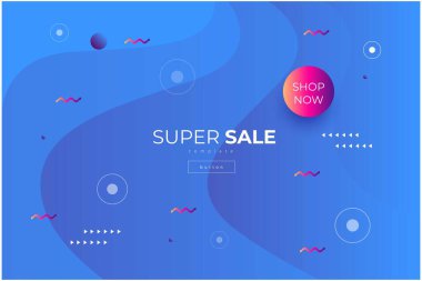 Blue stylish vector template with wavy paper cut lines and different geometric shapes and lettering super sale 