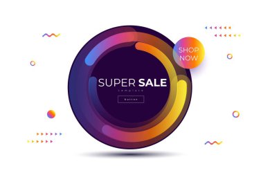 Black rounded sticker with bright circles and different geometric shapes on the white background and lettering super sale 
