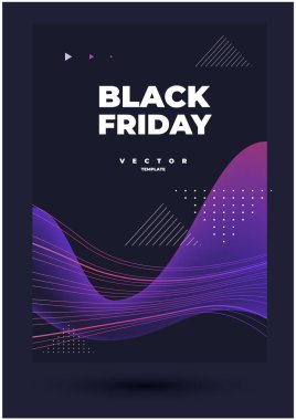 Geometri formları ve ince dalgalı çizgiler ve şeffaf mor pürüzsüz şekil ve koyu arkaplanda siyah Cuma harfleri olan poster için zarif vektör tasarımı