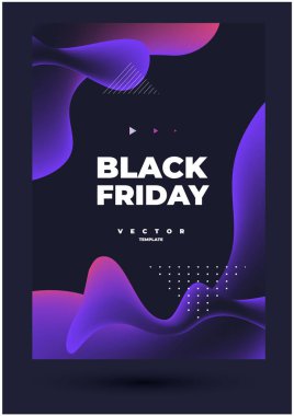 Şekilsiz mor baloncuklar ve karanlık arka planda siyah Cuma harfleri olan şık koyu fütüristik şablon.