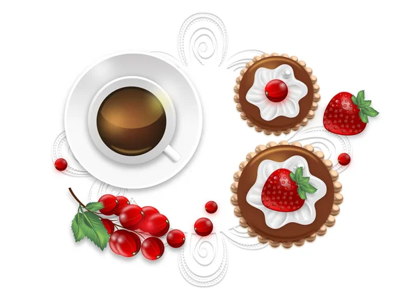 与浆果和一杯咖啡在桌子上的巧克力蛋糕 — 图库矢量图片