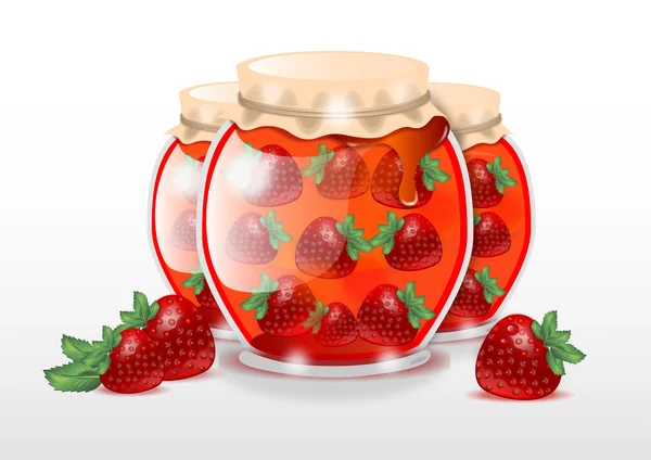 Engarrafamento de morango em jarra de vidro —  Vetores de Stock