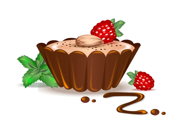 Chocolate cupcake with raspberries and nuts — Stock Vector