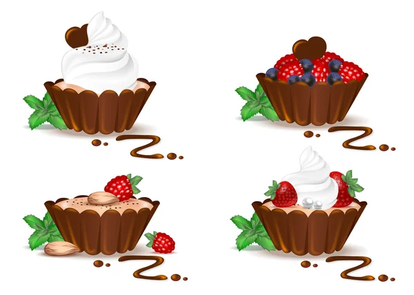 Gâteau au chocolat aux baies et crème vanille — Image vectorielle