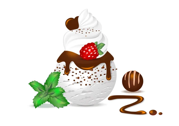 Glace à la vanille avec glaçage au chocolat et crème fouettée — Image vectorielle