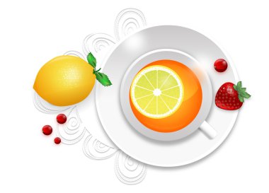 sıcak siyah çay limon ve çilek masa üstü görünümü