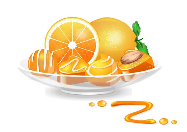 Orange marmalade candies in the bowl on white background — Stock Vector