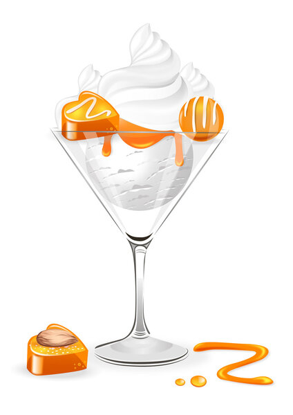 vanilla ice cream with caramel and candies in the glass on white background