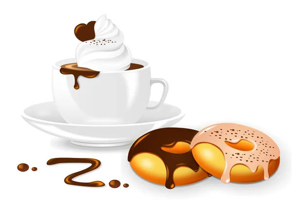 热巧克力和奶油和白色背景上的甜甜圈 — 图库矢量图片