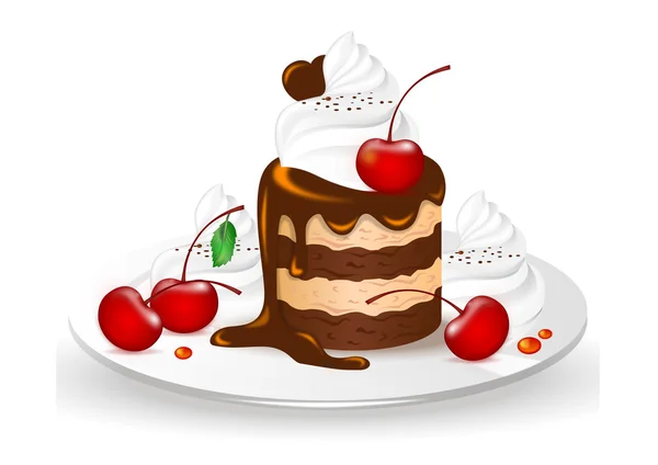 Chocolate cake with cherries and whipped cream — Stock Vector