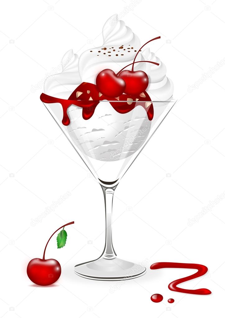 vanilla ice cream with cherry jam in glass