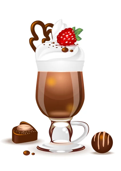 Hot chocolate with whipped cream and raspberries in the glass — Stock Vector