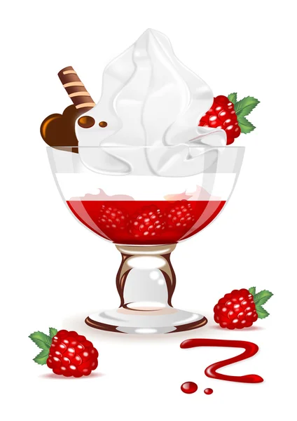 Vanilla ice cream with whipped cream and raspberry jam in a vase — Stock Vector