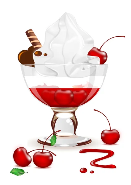 Vanilla ice cream with whipped cream and cherry jam in a vase — Stock Vector