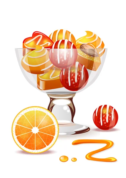 Vas med frukt gelé godis på vit bakgrund — Stock vektor