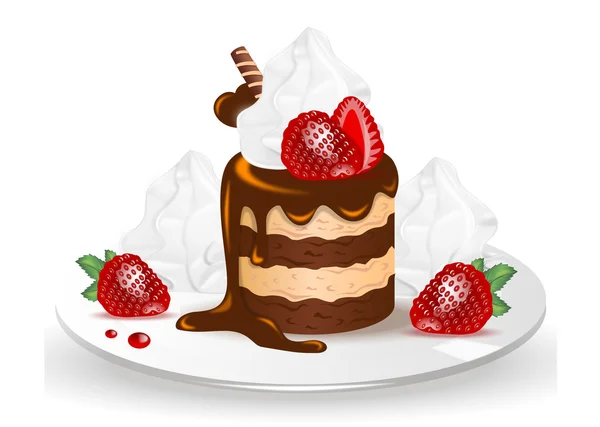 Chocolate cake met aardbeien en slagroom — Stockvector