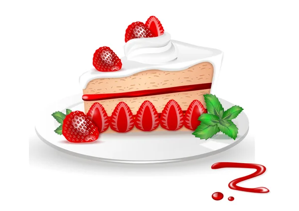 Sponge cake with strawberry jam and whipped cream on the plate — Stock Vector