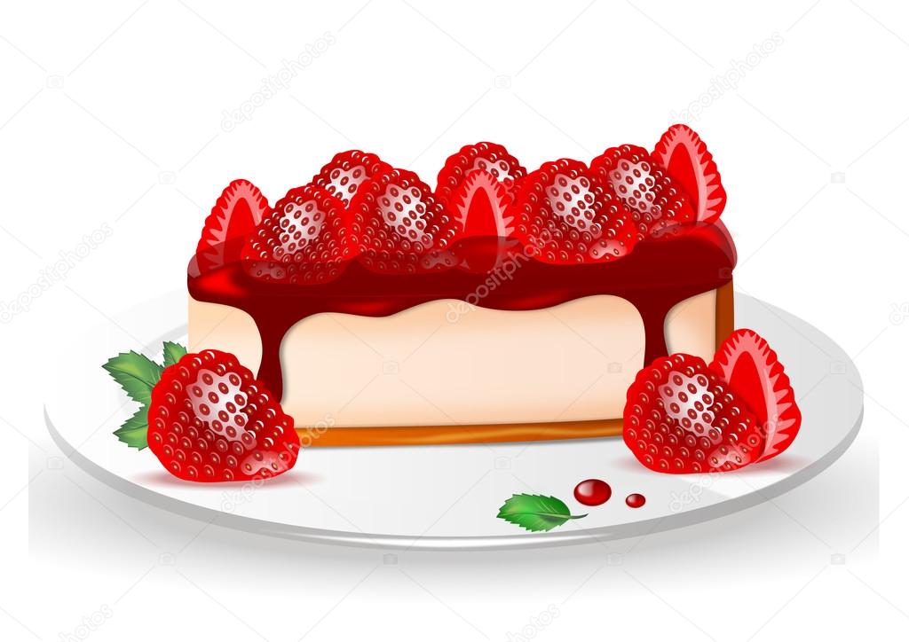 vanilla cake with strawberry jam on the plate on white background