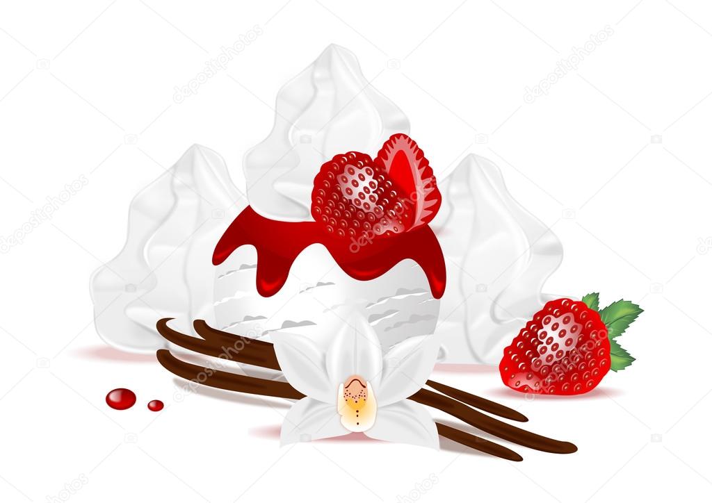 vanilla ice cream with whipped cream and strawberry jam on white background