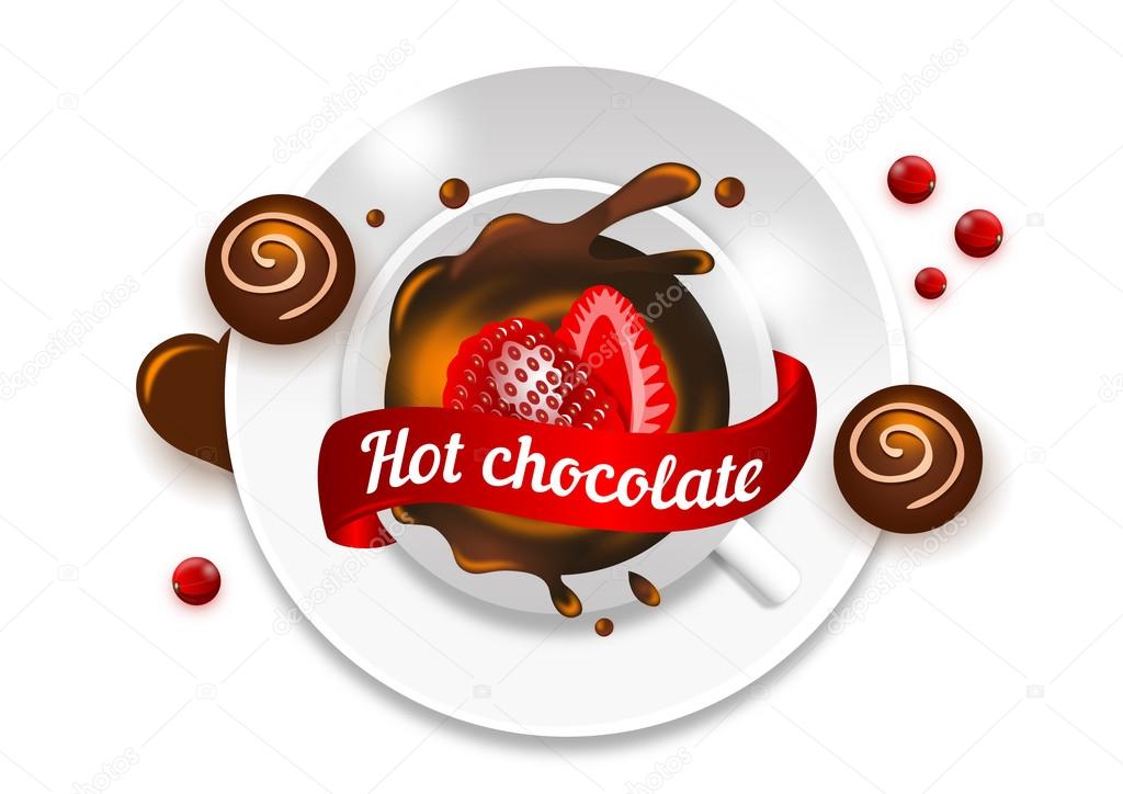 hot chocolate in a Cup with berries and candies on white background top view