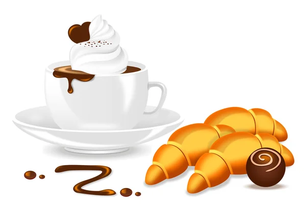 热巧克力羊角面包和奶油白色背景上 — 图库矢量图片
