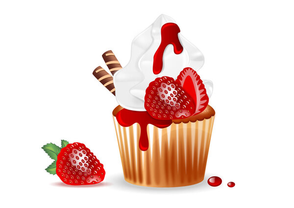 бисквит с клубничным джемом и взбитыми сливками на белом фоне
