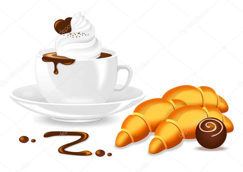 hot chocolate with croissants and whipped cream on white background