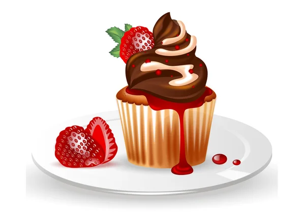 Muffin mit Schokoladencreme und Erdbeermarmelade auf dem Teller auf weißem Hintergrund — Stockvektor