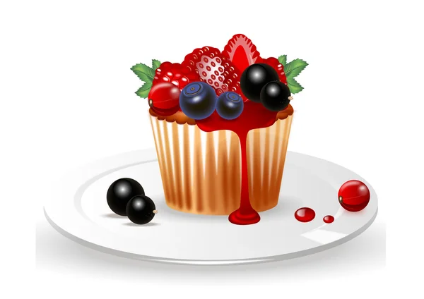 Gâteau aux baies avec confiture sur une assiette sur fond blanc — Image vectorielle