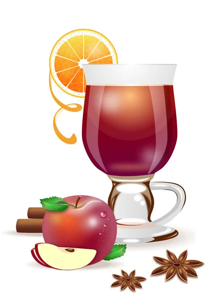 Um copo de vinho quente com maçã, laranja e canela —  Vetores de Stock