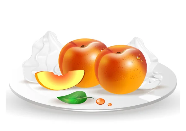 Juicy peaches with whipped cream on the plate on white background — Stock Vector