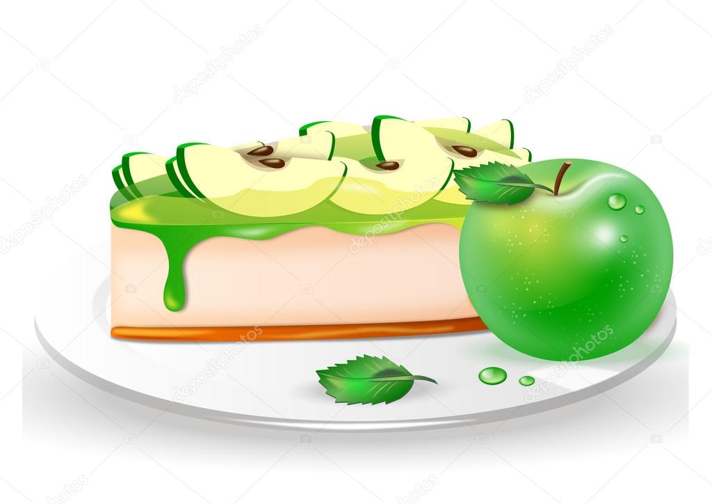 cake with Apple jam and slices of green apples on a plate on white background