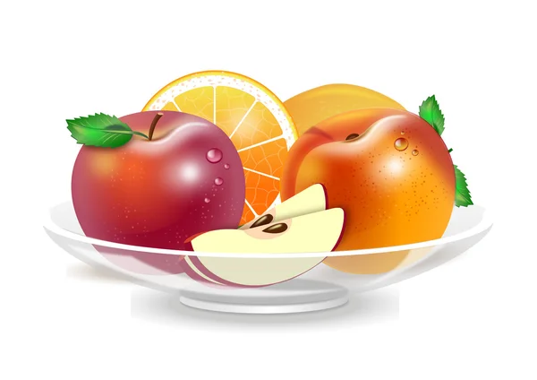 Um prato de frutas frescas no fundo branco — Vetor de Stock