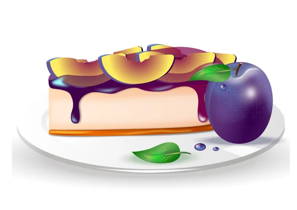 Plum cake with jam on a plate on white background Stock Vector