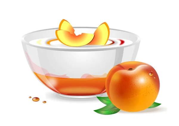 Peach yogurt with peach slices in glass bowl on white background — Stock Vector