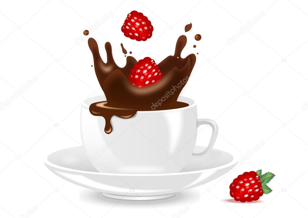 hot chocolate with raspberries in a Cup on white background